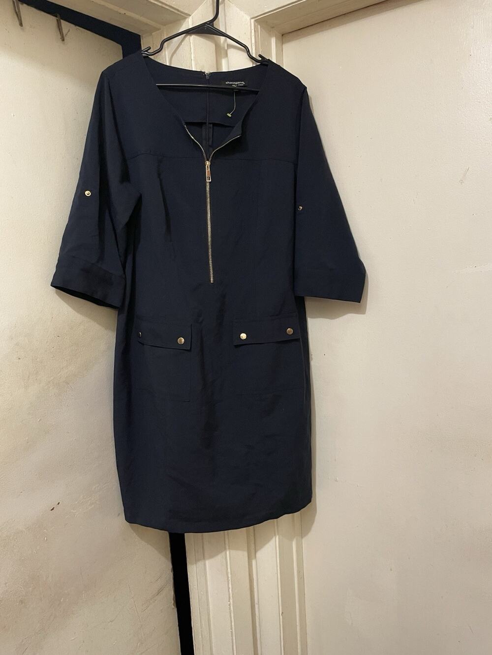 Sharagano Women’s Navy Blue Zip Front Career Dress Size 16W Elegant Office Midi